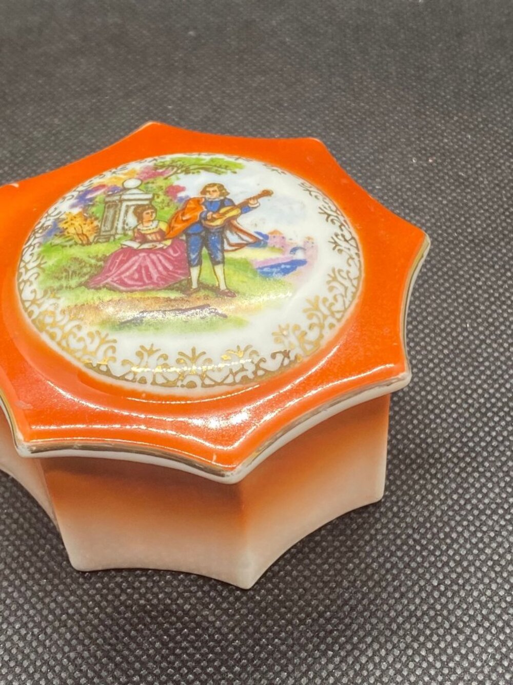 Porcelain Trinket Box Orange with Gold Trim